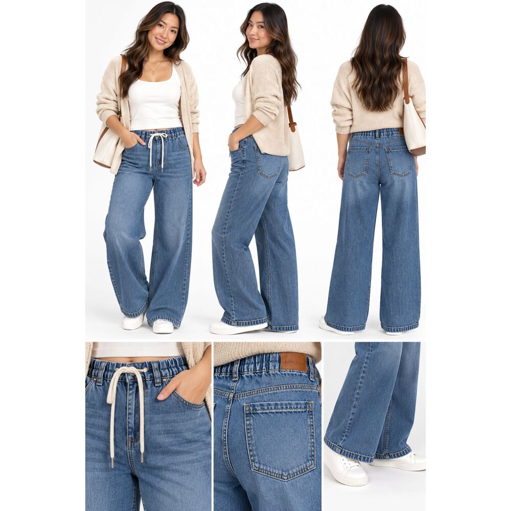 Judy Blue Jeans Womens 7/28 Wide Leg Drawstring Elastic Waist Hemp Blue